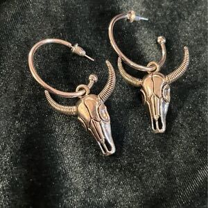 Western Boho Bull Skull Charm Hoop Earrings Silverplated